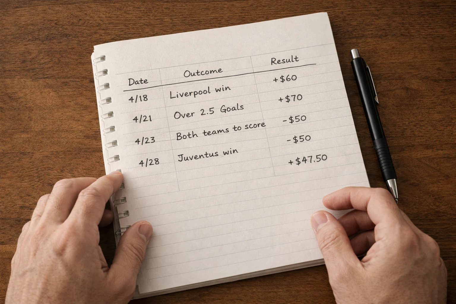 Person reviewing betting records in a notebook with careful attention