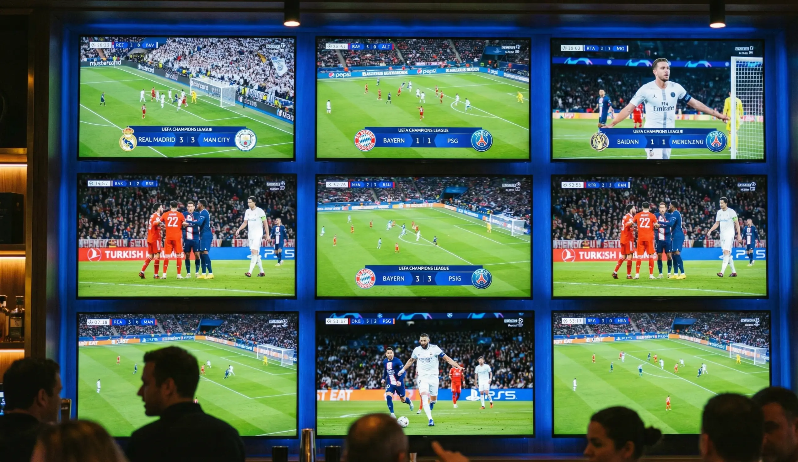 Multiple football matches being played simultaneously on different screens