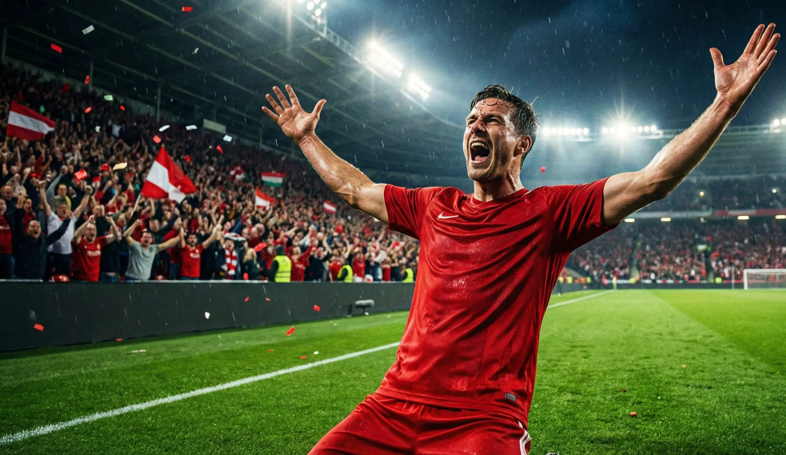 Striker celebrating after scoring a goal with arms raised in a packed stadium