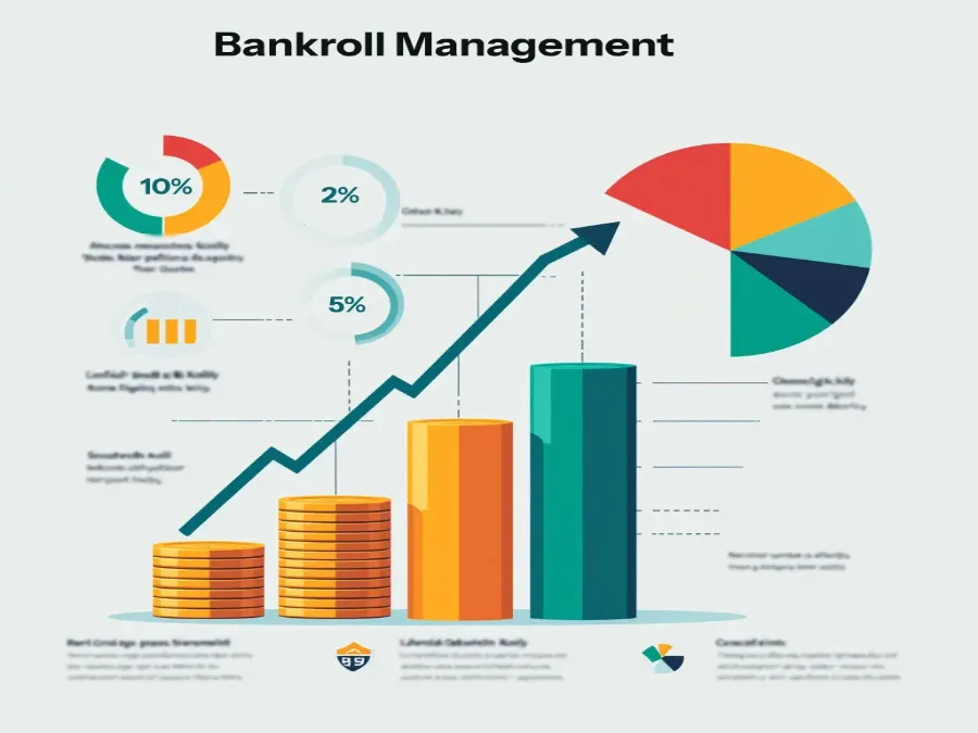 Bankroll management visualization showing Kelly Criterion formula, bet sizing allocation, risk management strategy, and bankroll growth concepts