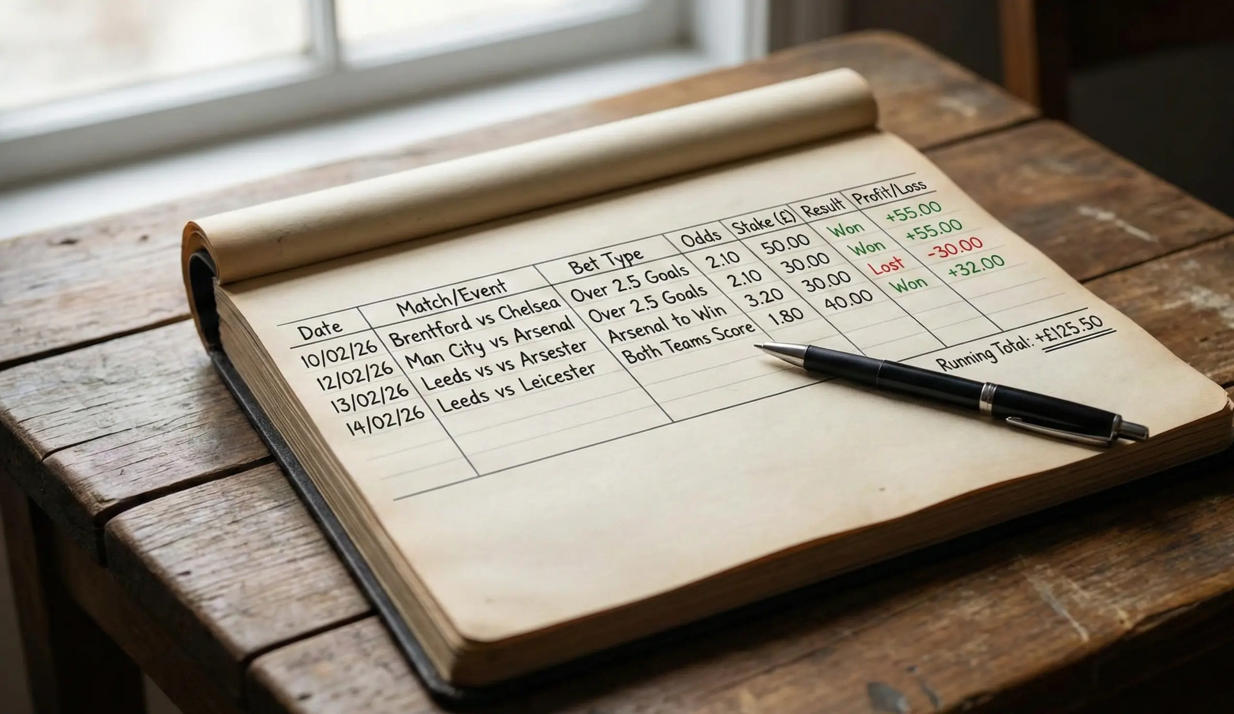 Notebook with betting records and a pen showing organized tracking of wagers