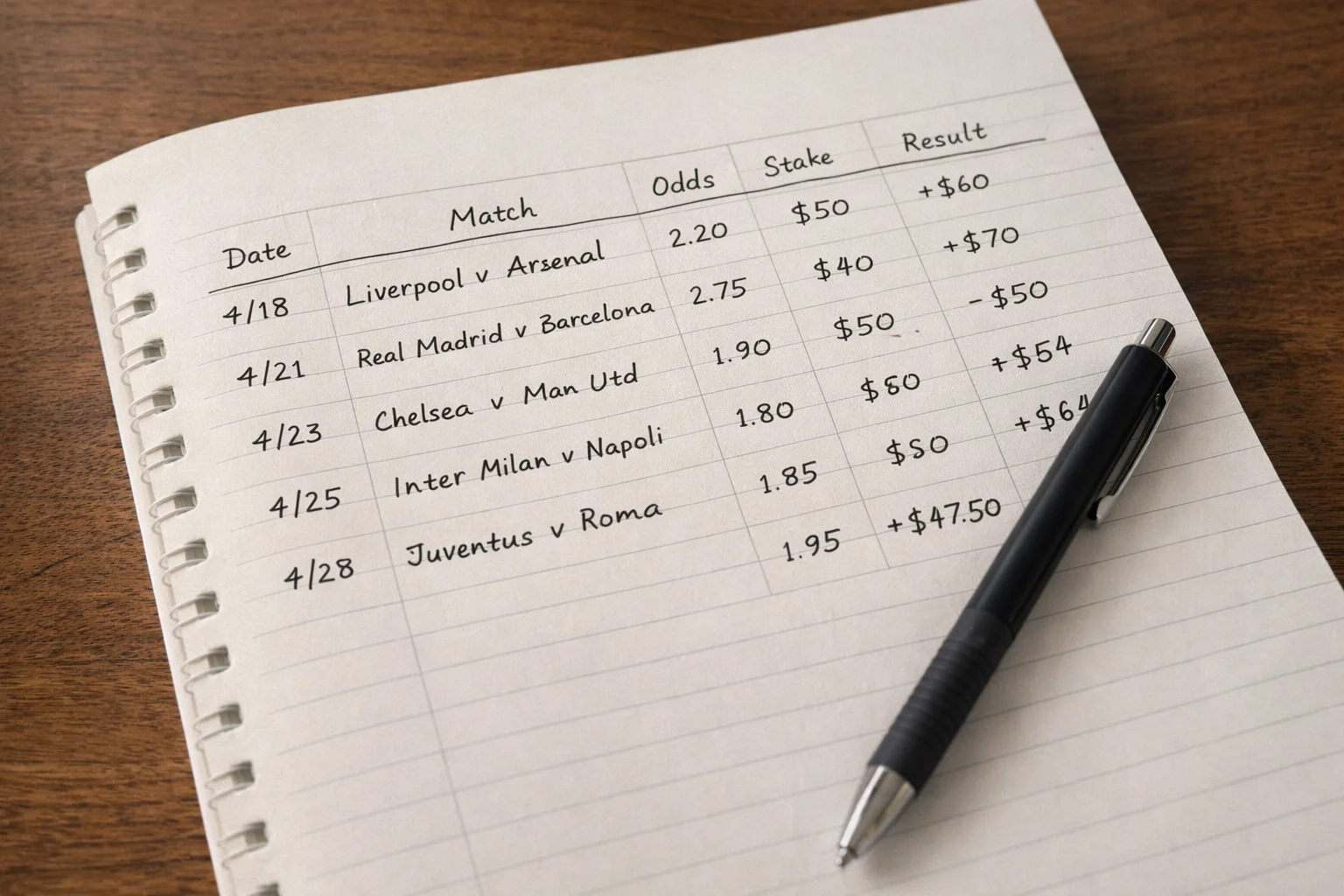 Notebook with betting records and a pen showing organized tracking