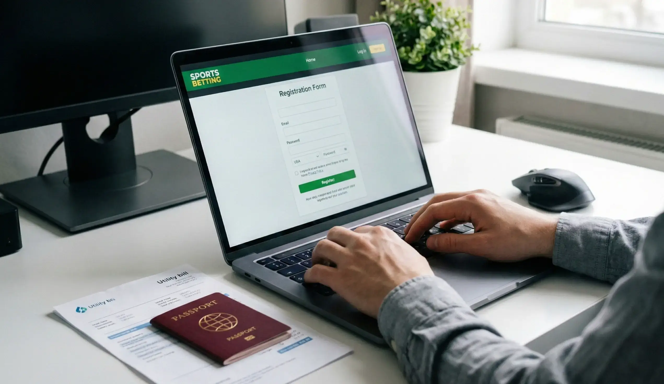Person using laptop to register on a sportsbook website with identification documents nearby