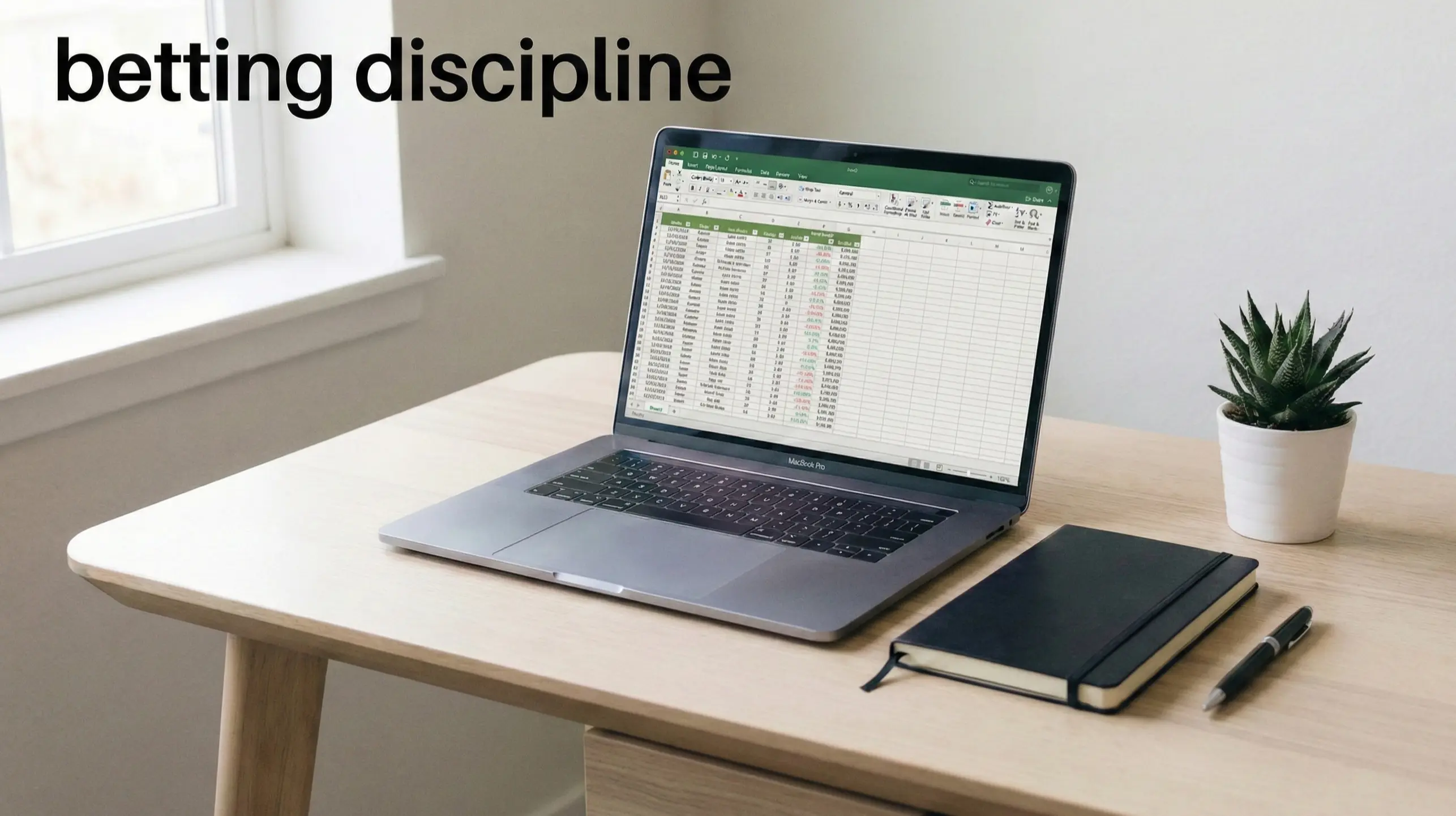 Organized desk workspace with laptop, notepad, and pen showing disciplined approach to sports betting analysis