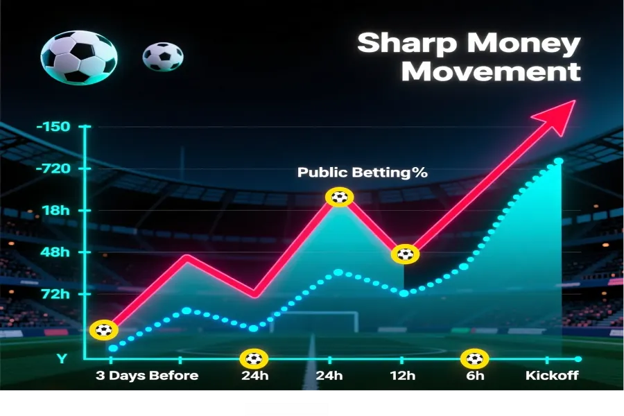 Dynamic graph showing betting odds line movement over time with sharp money indicators and key events marked