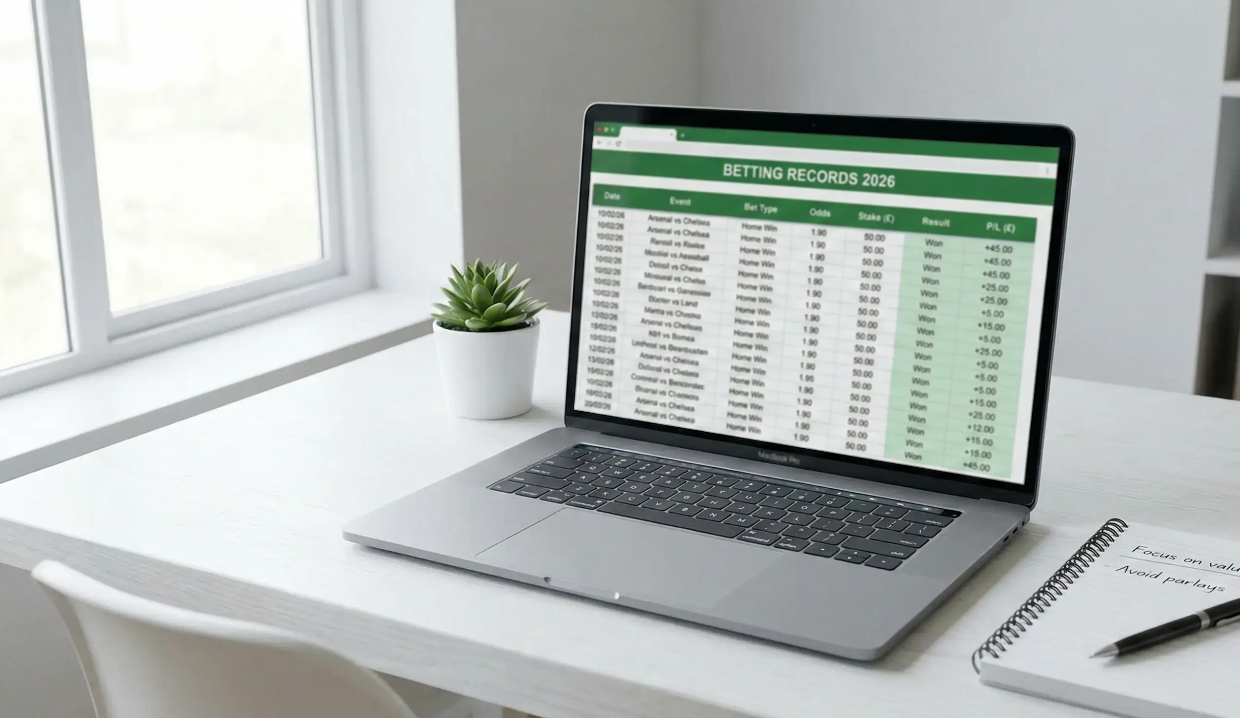 Organized desk with a laptop showing a spreadsheet of betting records and analysis