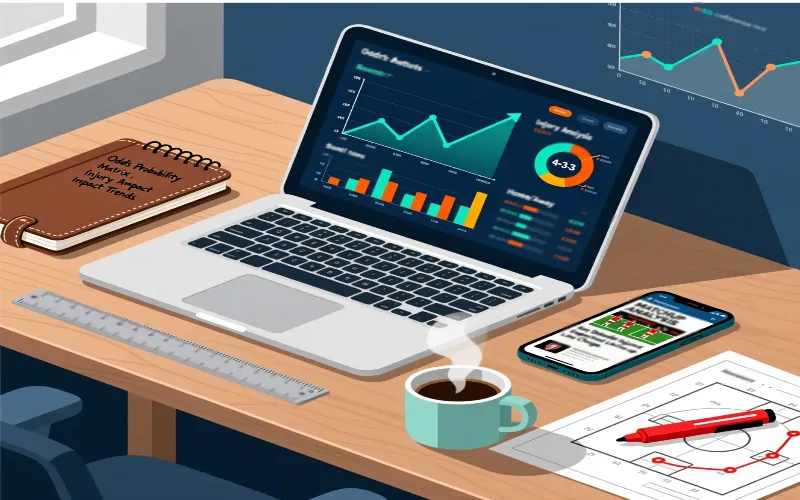 Sports betting research showing statistics team data and tactical analysis on laptop and notebook