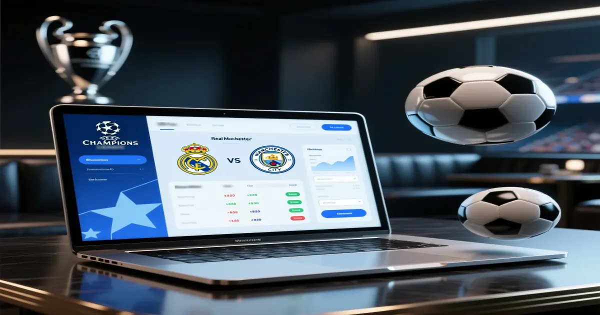 Champions League betting guide showing laptop with betting interface and football