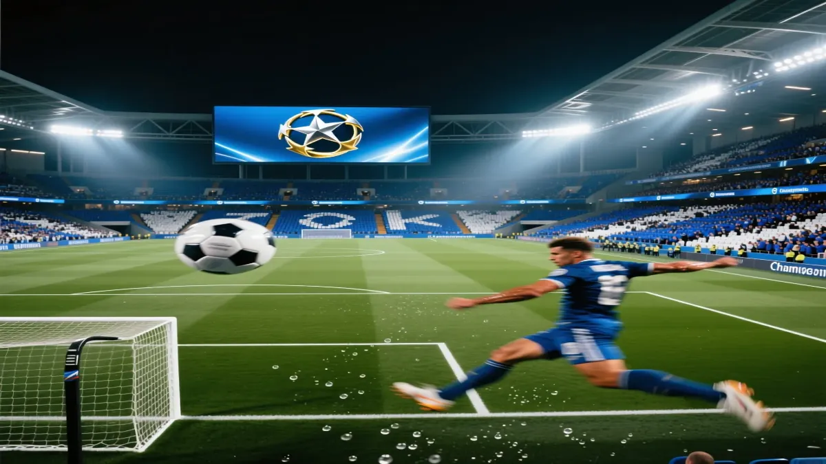 Champions League stadium at night with intense football match action and betting strategies visualization