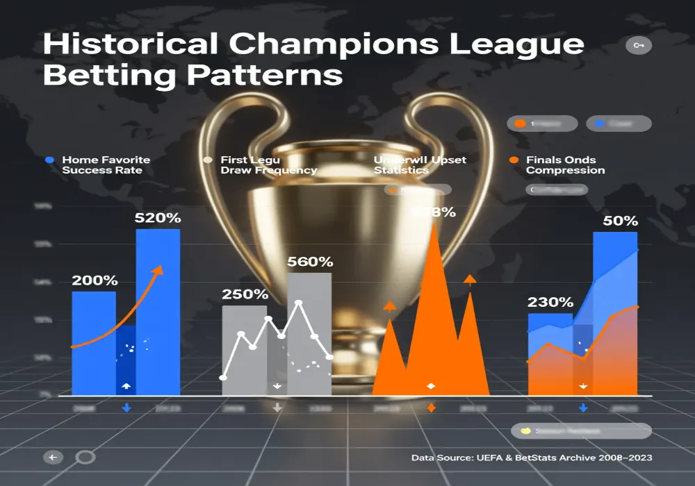 Statistical dashboard displaying historical Champions League betting patterns and trends across multiple seasons