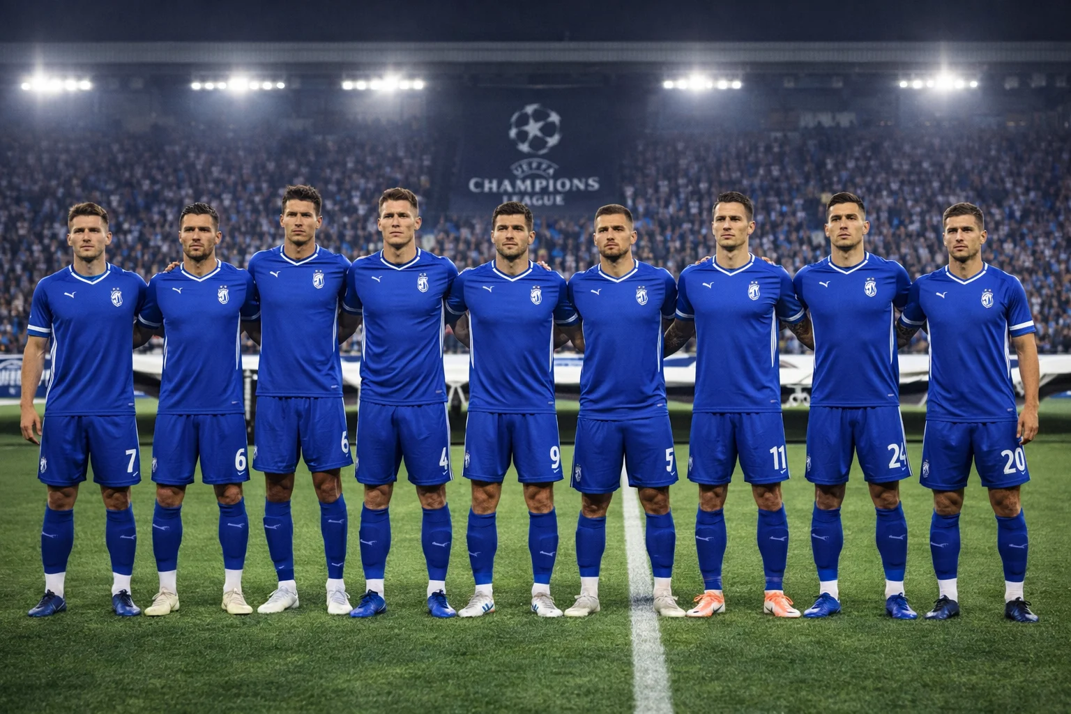 Football team lined up before a Champions League match in formation