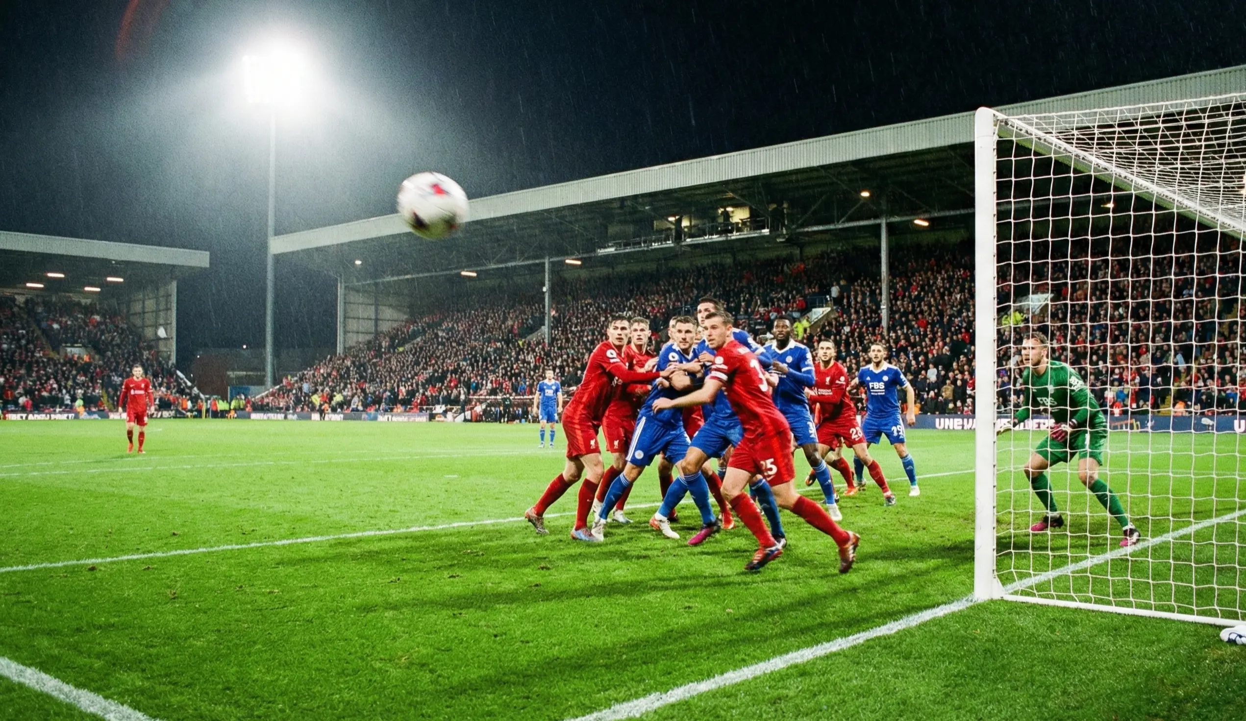 Wide view of a corner kick situation with players positioning in the penalty area