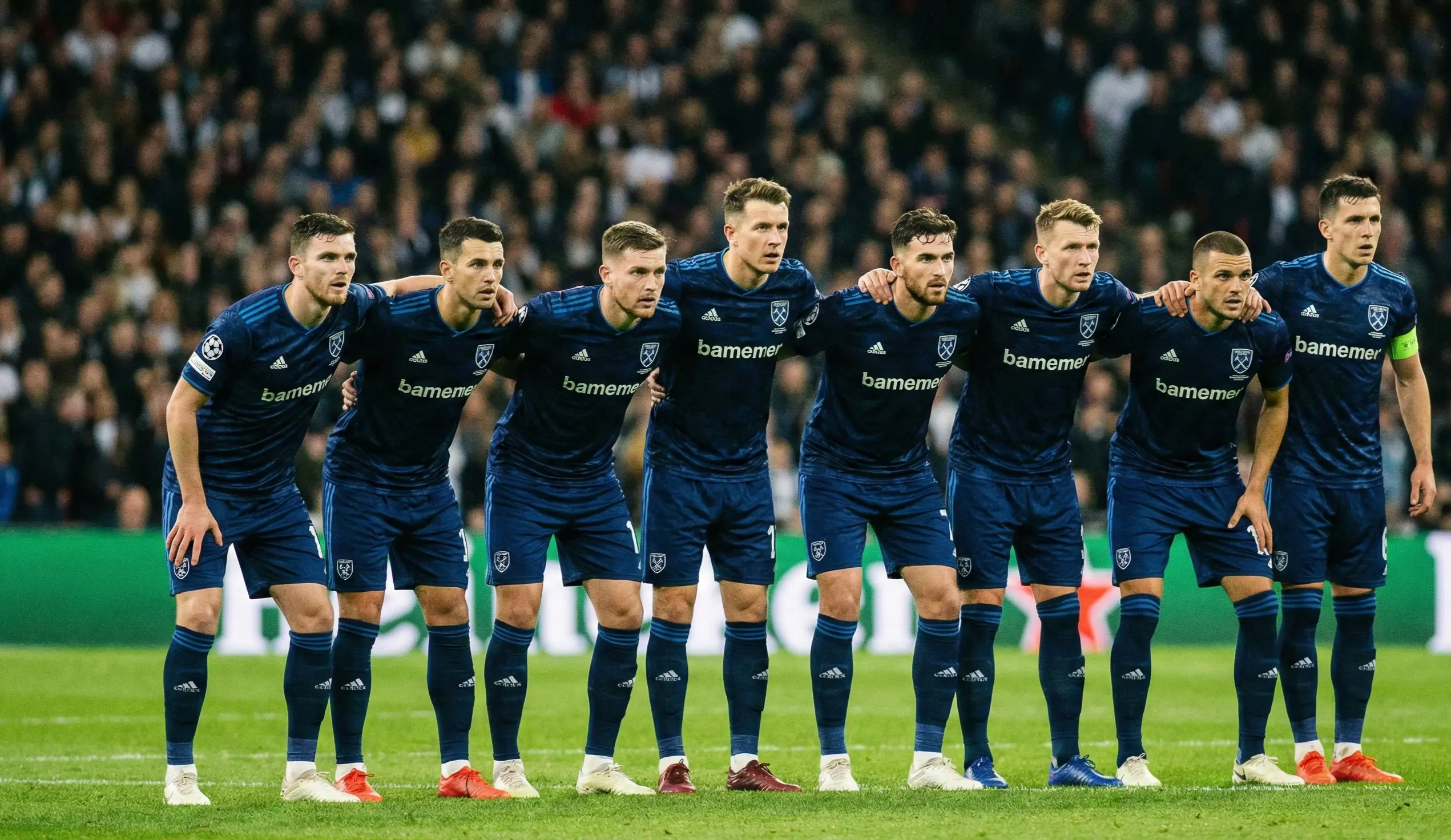 Football defenders forming a compact defensive wall during a match