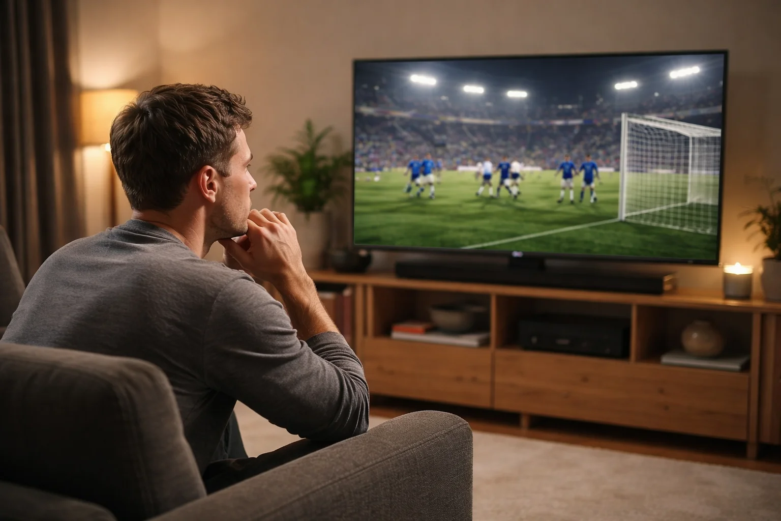 Person watching football match calmly with focused concentration