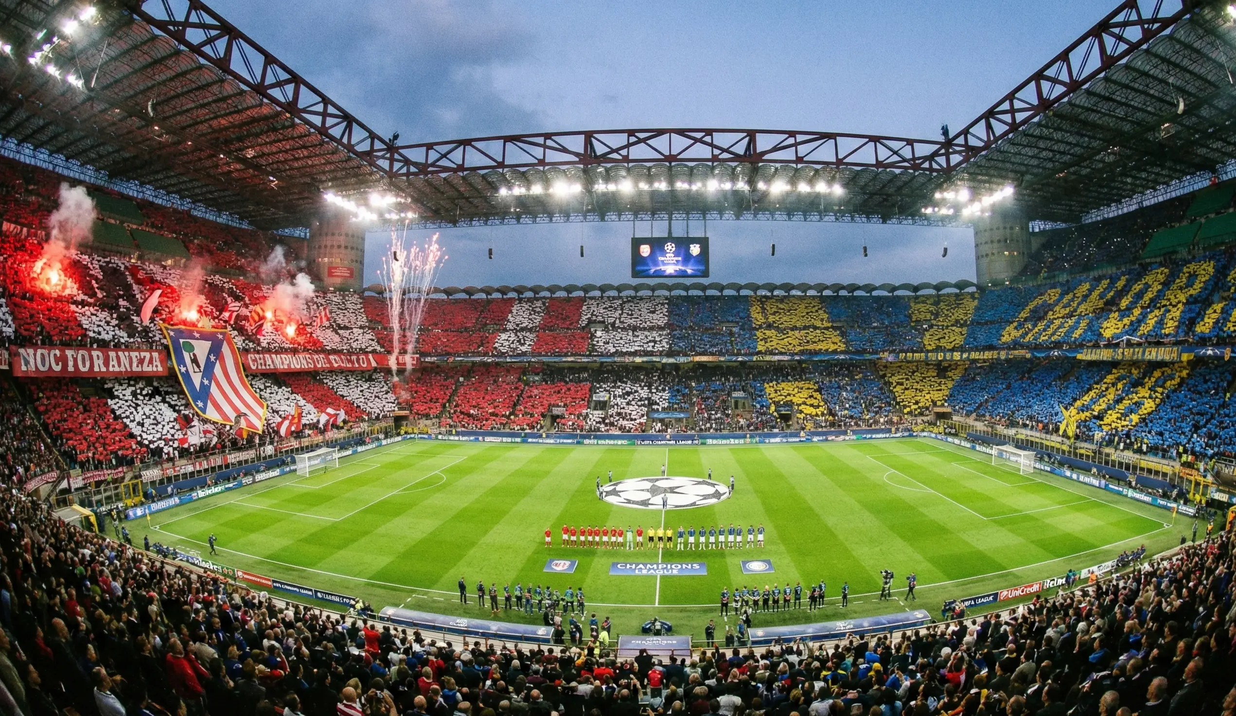 Football stadium during a Champions League final with both sets of fans creating colorful displays
