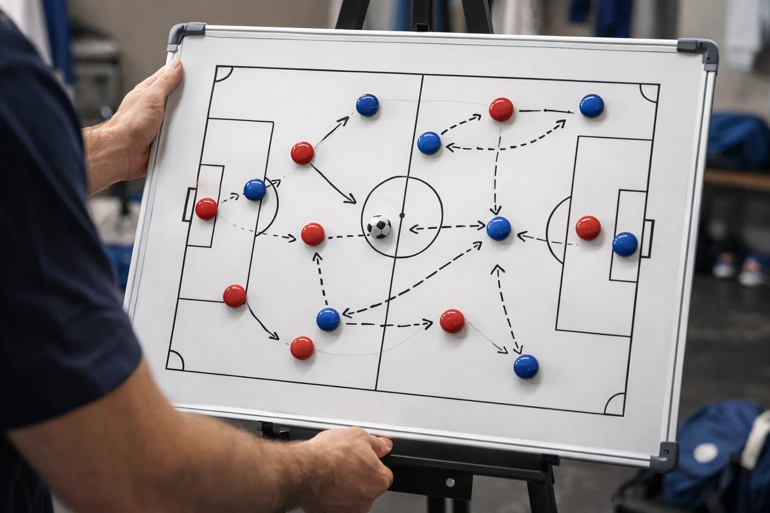 Football tactical board showing formation and strategy arrows