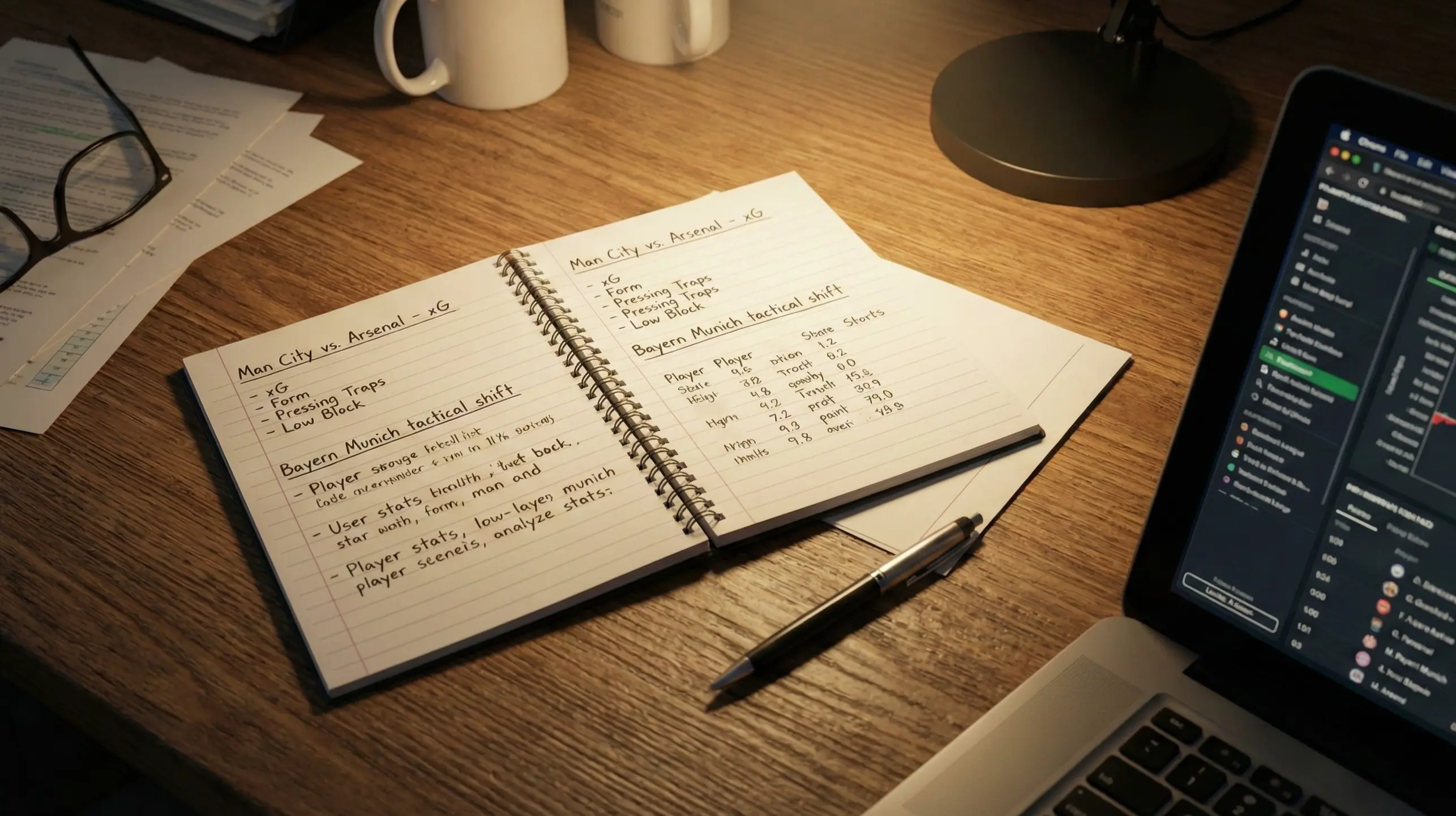 Sports analyst notebook with handwritten notes and statistics next to a laptop showing match data