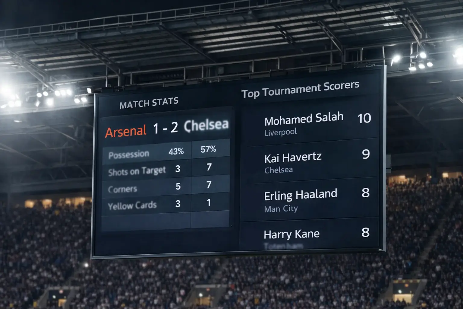 Football scoreboard showing goal statistics during a match