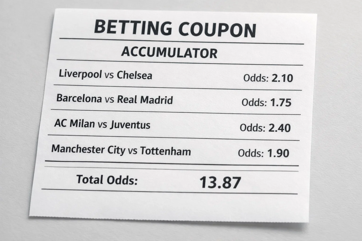 Betting slip showing multiple football match selections combined together