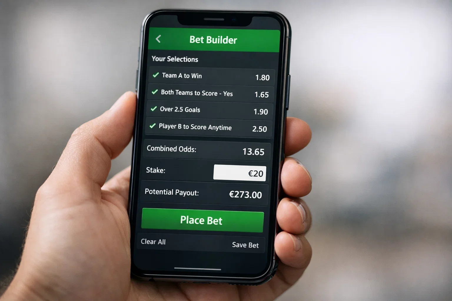 Smartphone displaying a sports betting app with multiple selection options