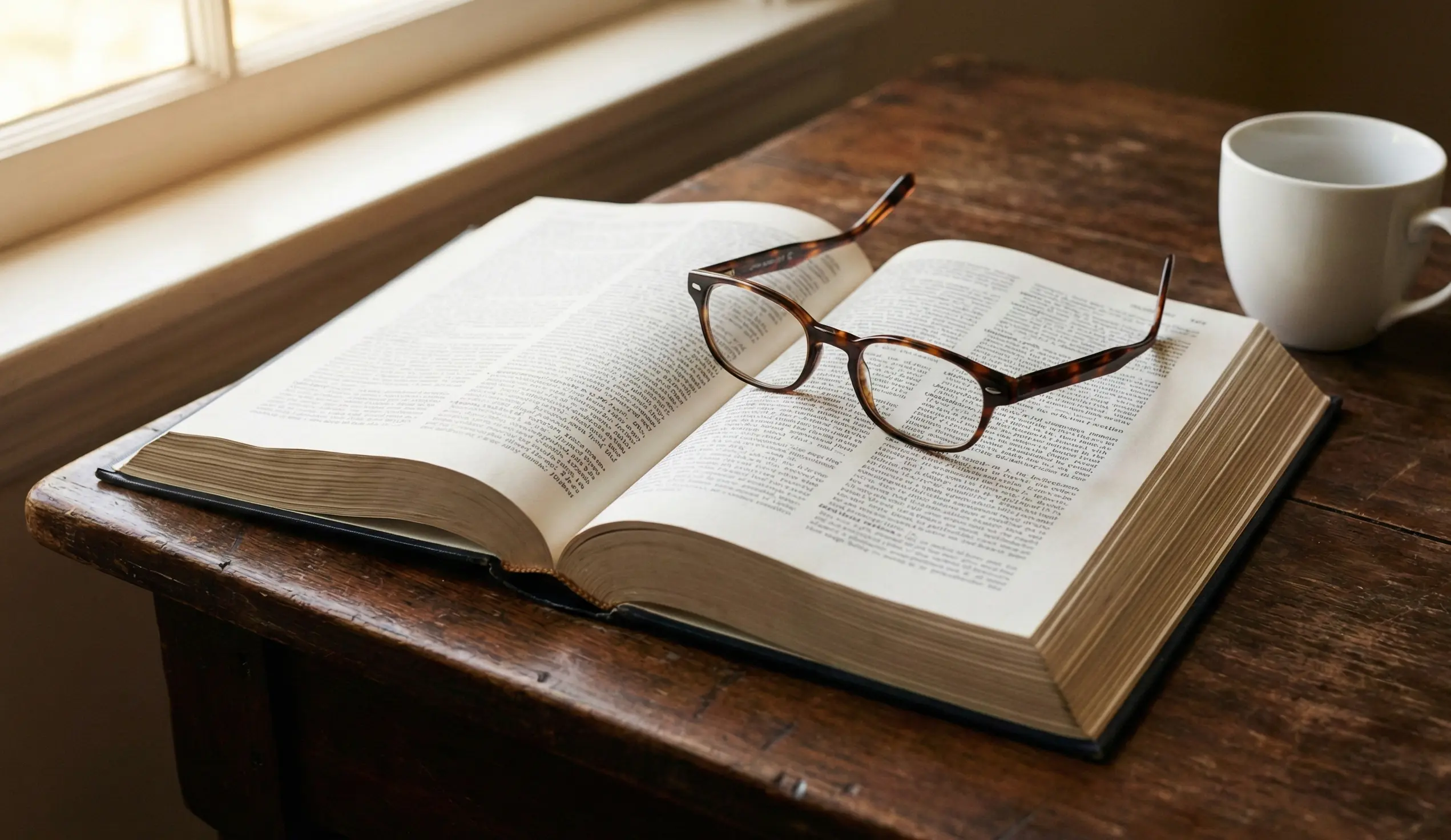 Open reference book on a desk with reading glasses and a cup of coffee nearby