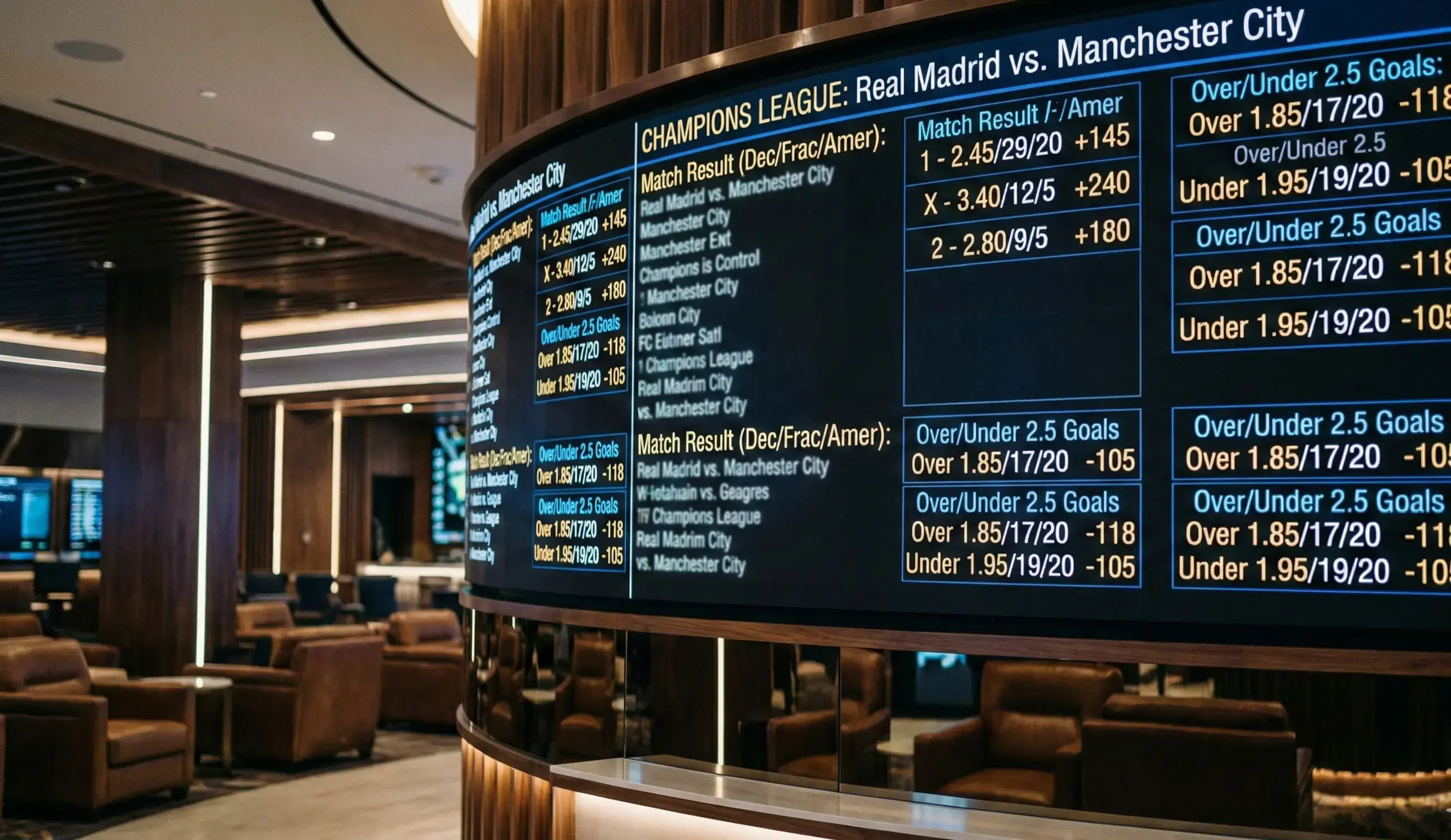 Digital sportsbook display board showing football match odds in multiple formats