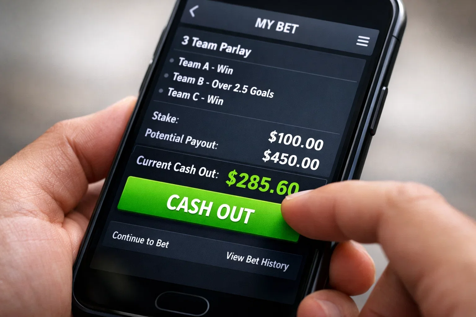 Smartphone screen showing a sports betting app with cash out option highlighted