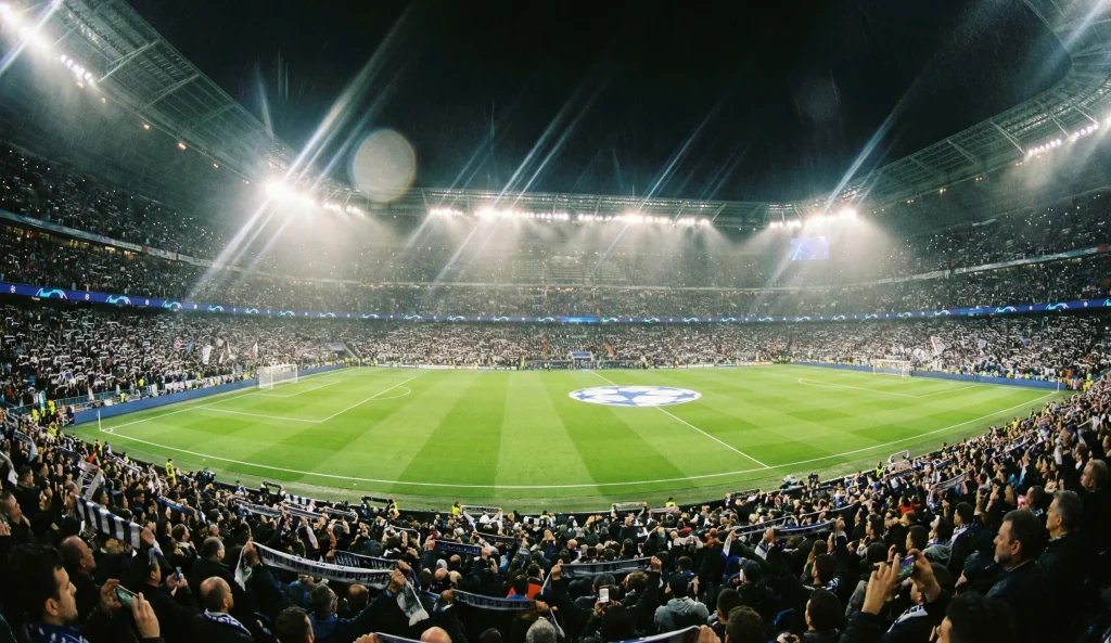 Football stadium at night with Champions League atmosphere and dramatic floodlights