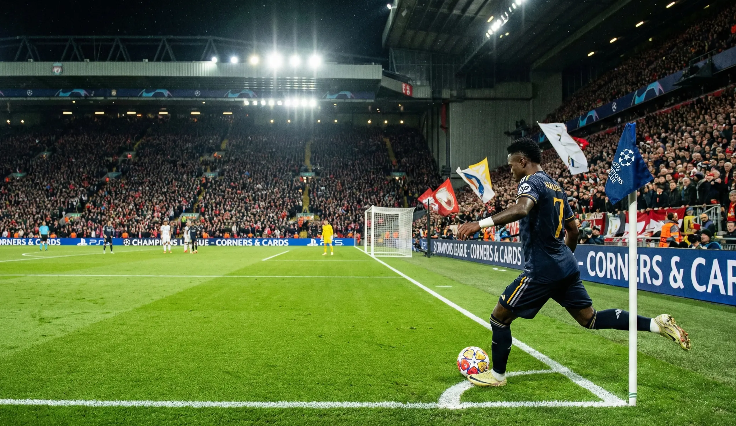 Football player taking a corner kick in a packed stadium at night