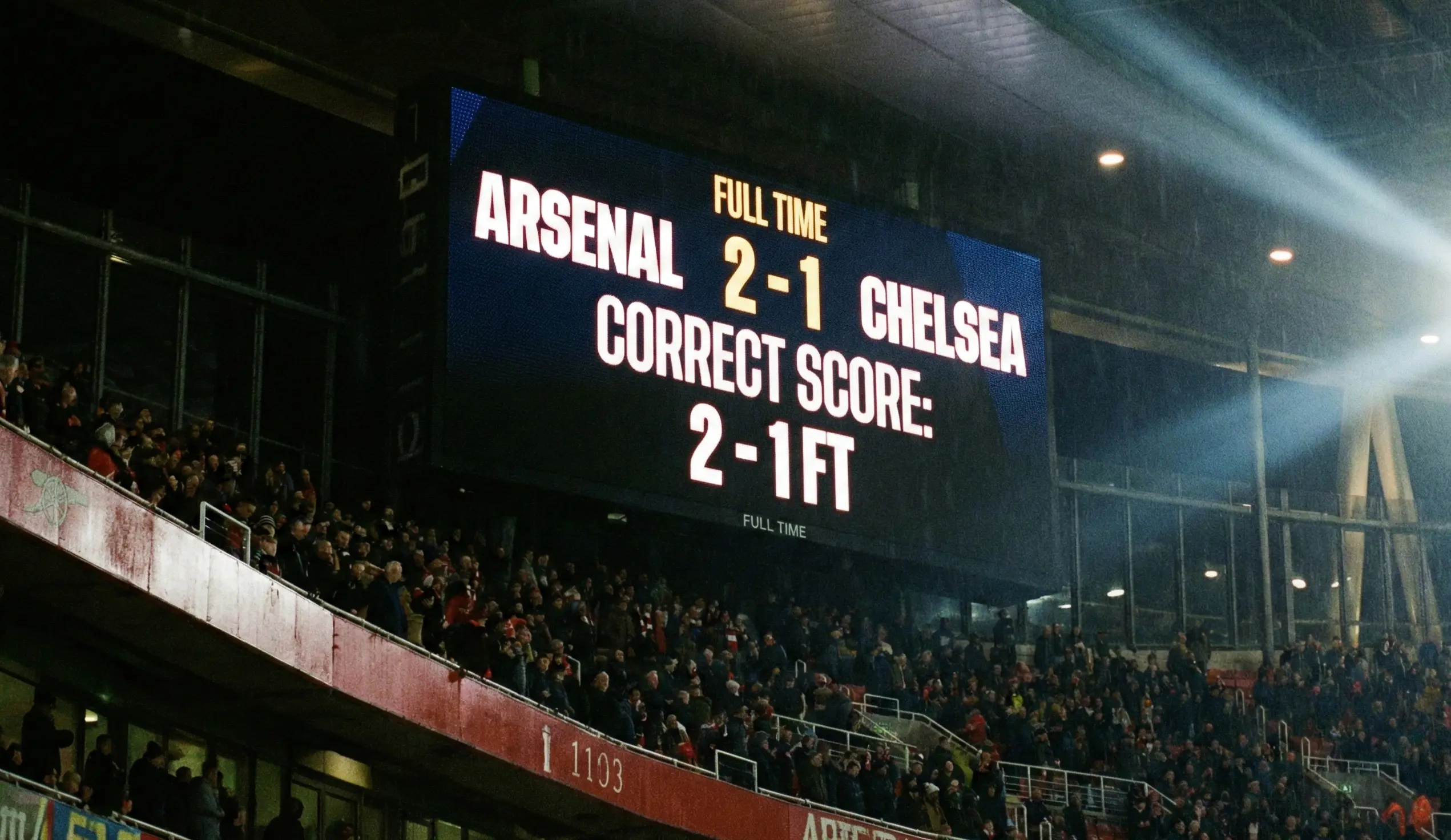 Electronic stadium scoreboard displaying a football match score under night lights