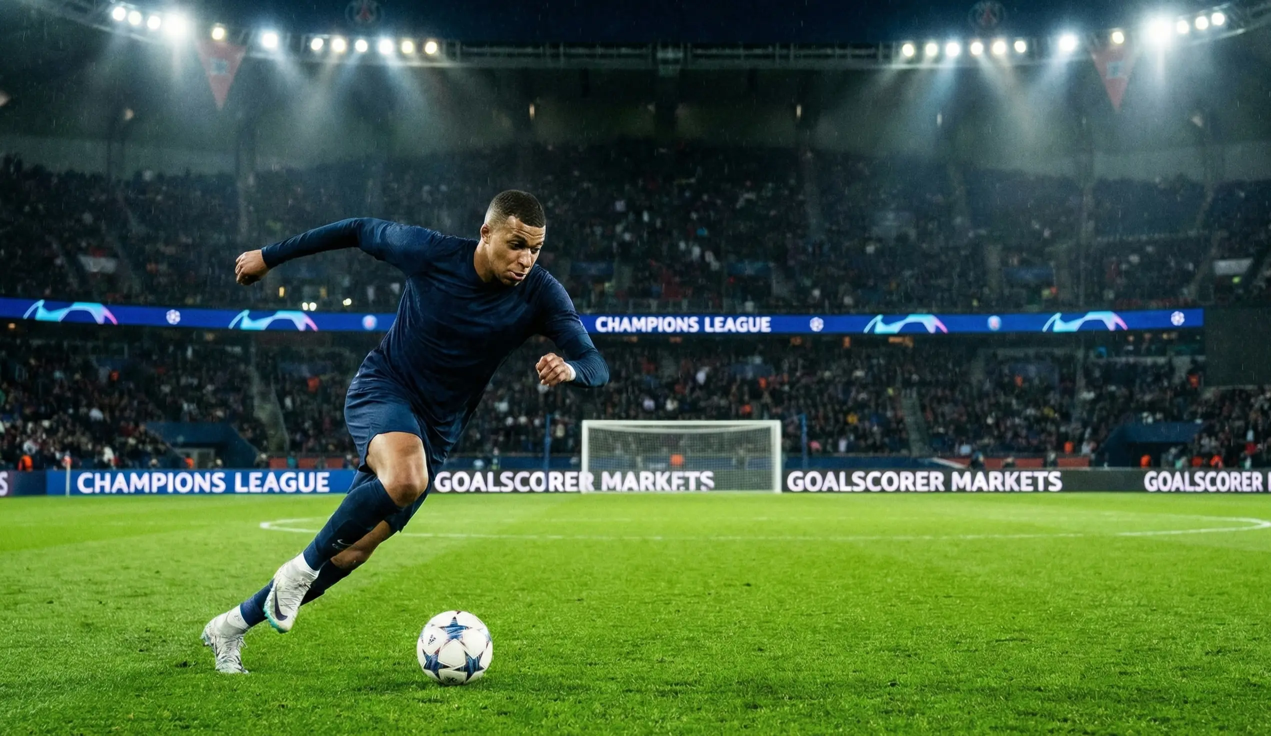 Football striker running toward goal during a Champions League match at night