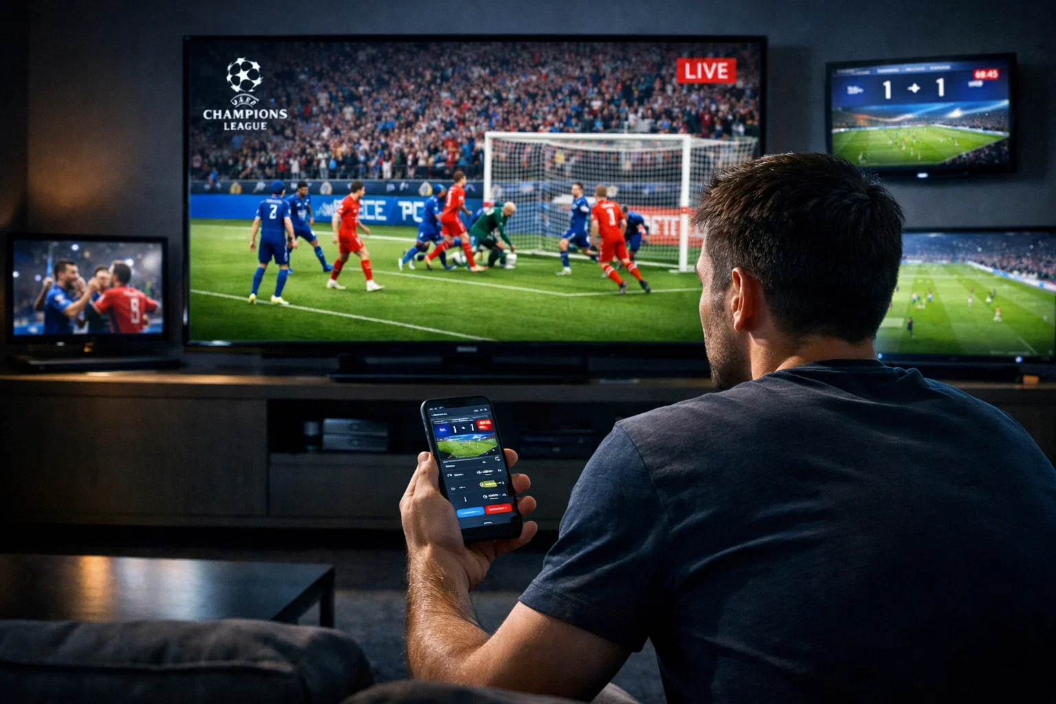 Person watching a live football match on multiple screens while holding a mobile device