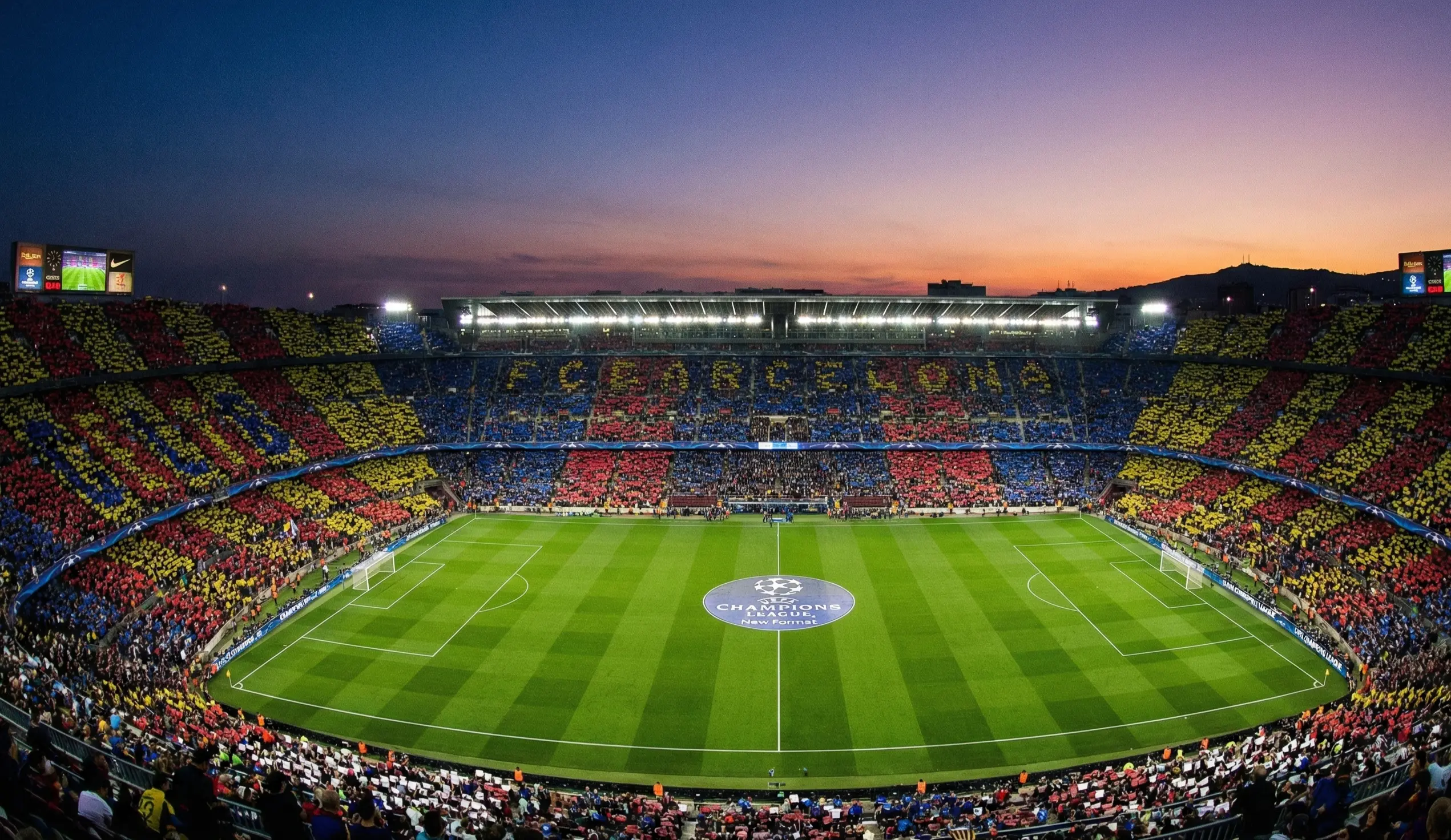 Aerial view of a Champions League stadium filled with fans before a match