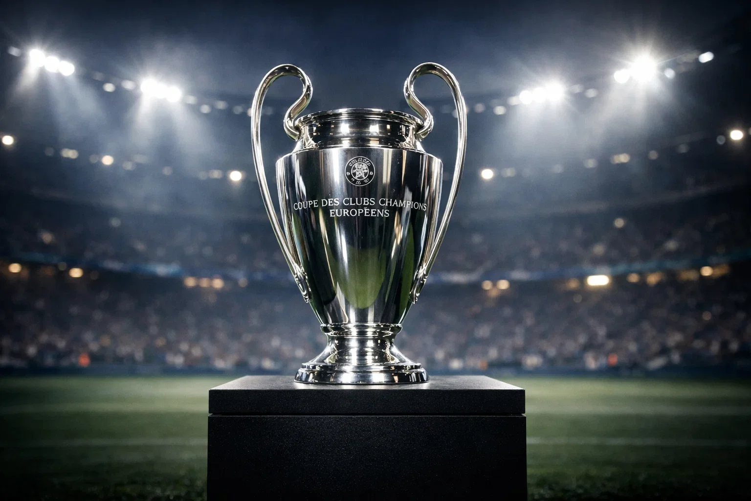 Champions League trophy displayed prominently with stadium lights in background