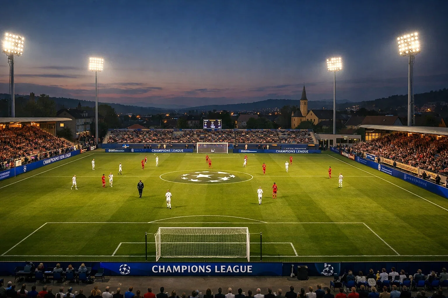 Small stadium hosting a Champions League qualifying match with modest crowd
