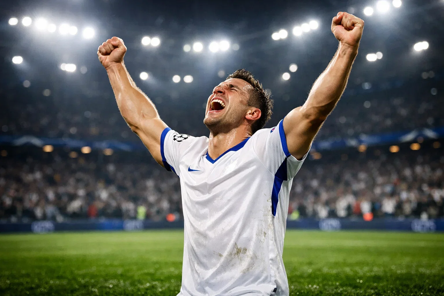 Football striker celebrating a goal with arms raised in Champions League match