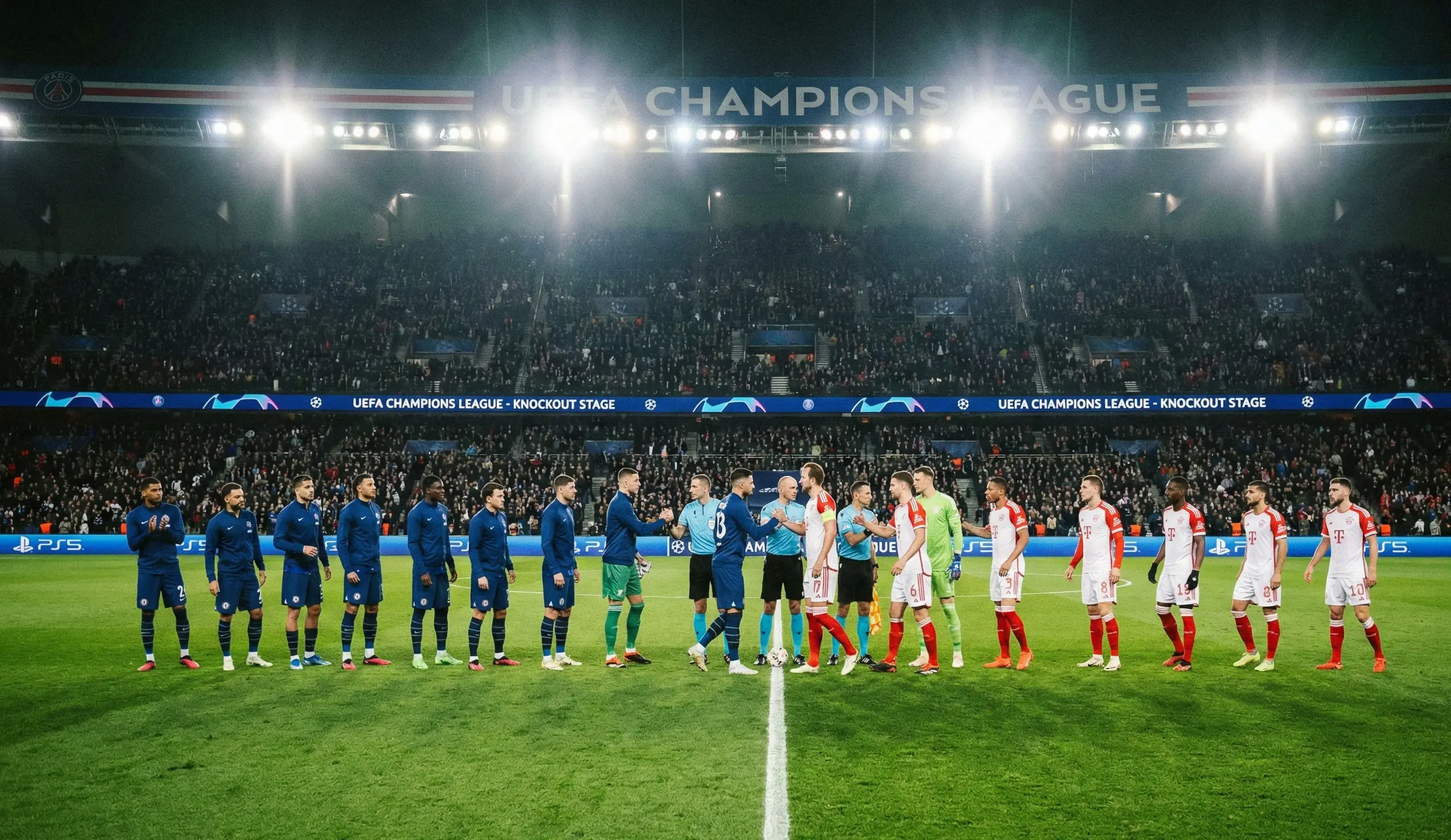 Football teams shaking hands before a Champions League knockout match