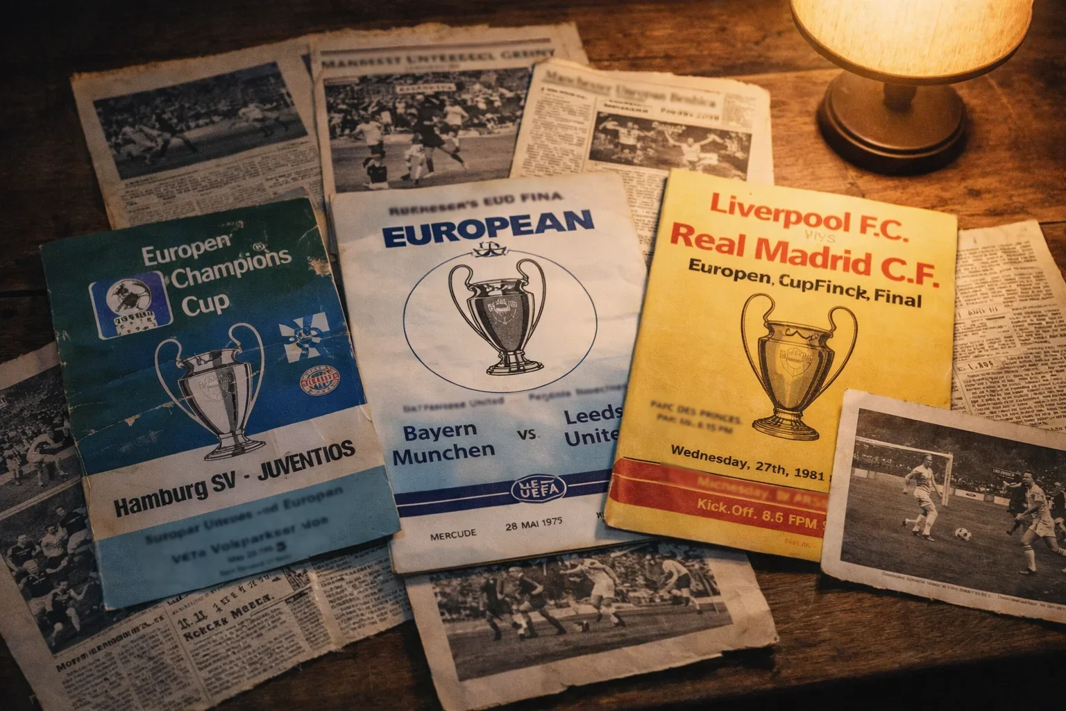 Old football match programs and newspaper clippings spread on a wooden table showing historical European cup encounters