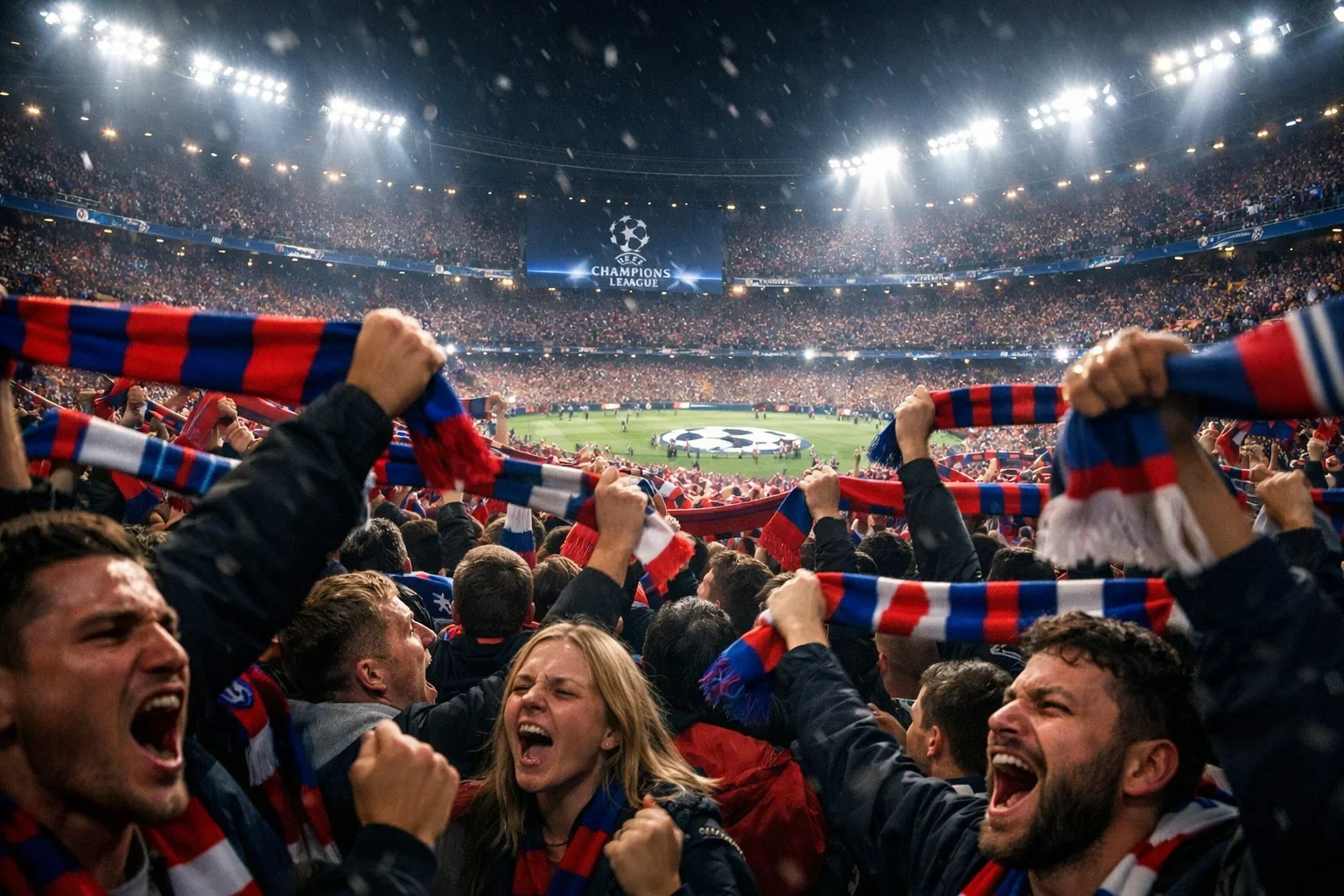 Passionate football supporters in stadium stands creating an intense atmosphere with scarves raised during a night match