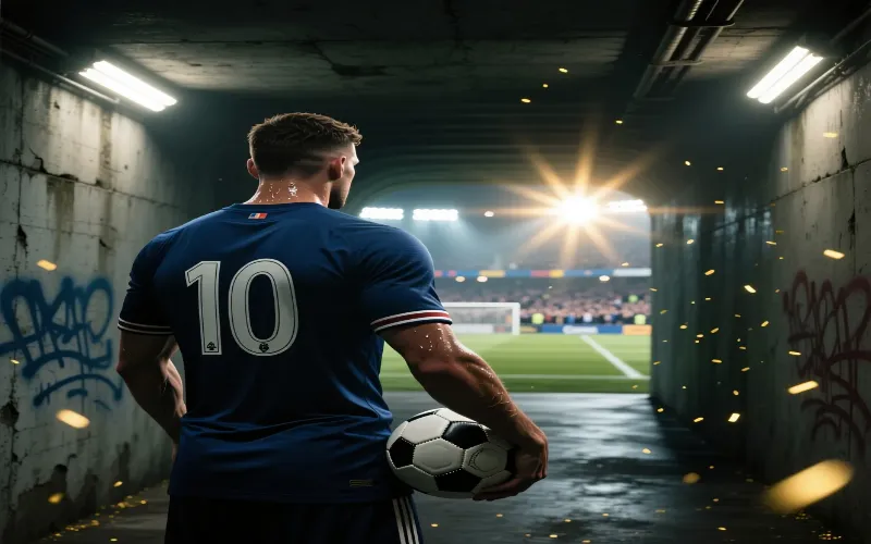 Dramatic visualization of football player facing psychological pressure in Champions League knockout stage tunnel
