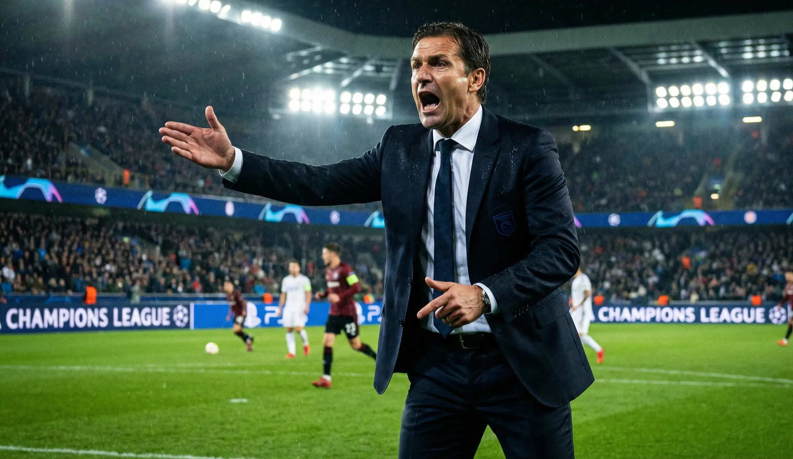 Football manager on the sideline giving tactical instructions to players during a match