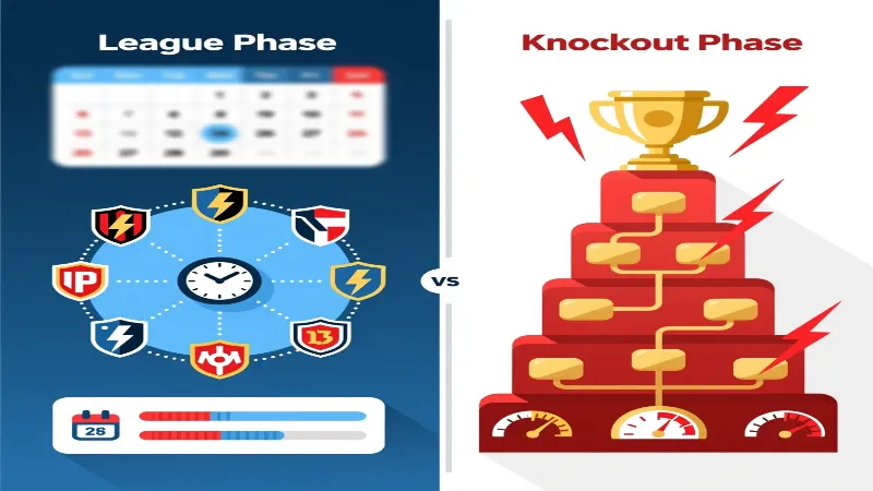 Comparison infographic showing League Phase versus Knockout Phase tournament structures and betting strategies