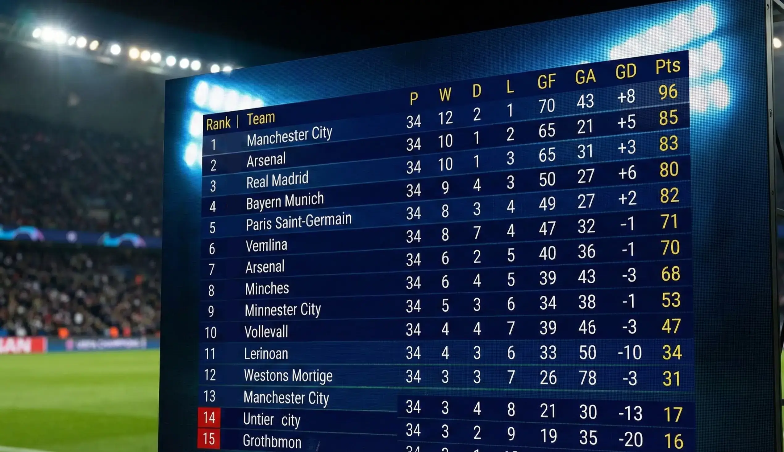 Football league standings displayed on a large screen showing team positions and points