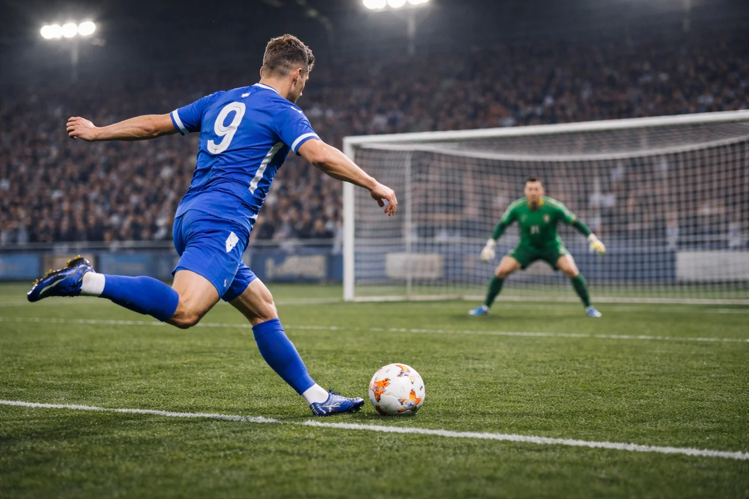 Football match action showing a striker about to shoot on goal