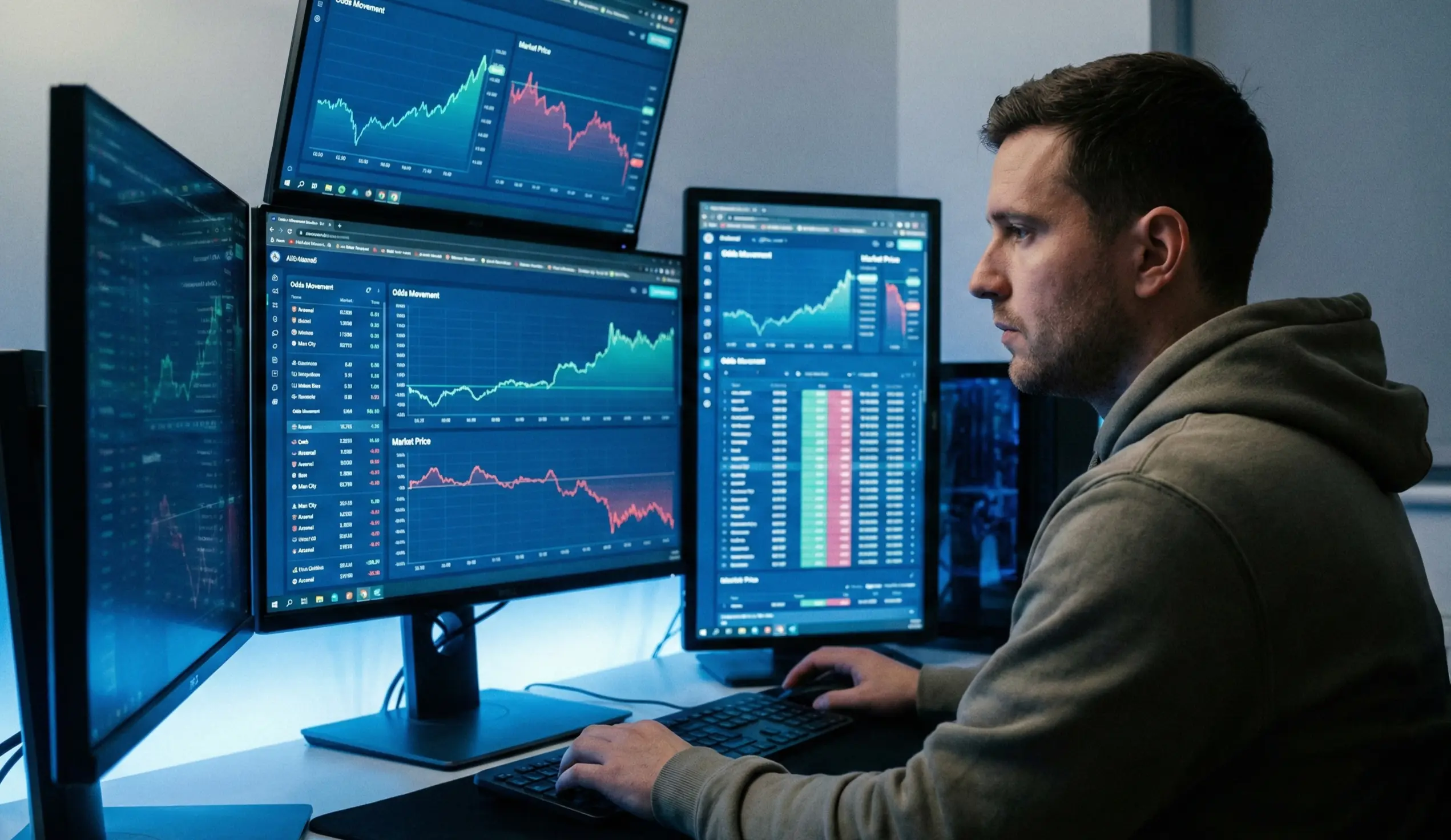 Person studying betting odds on multiple computer monitors showing price movements