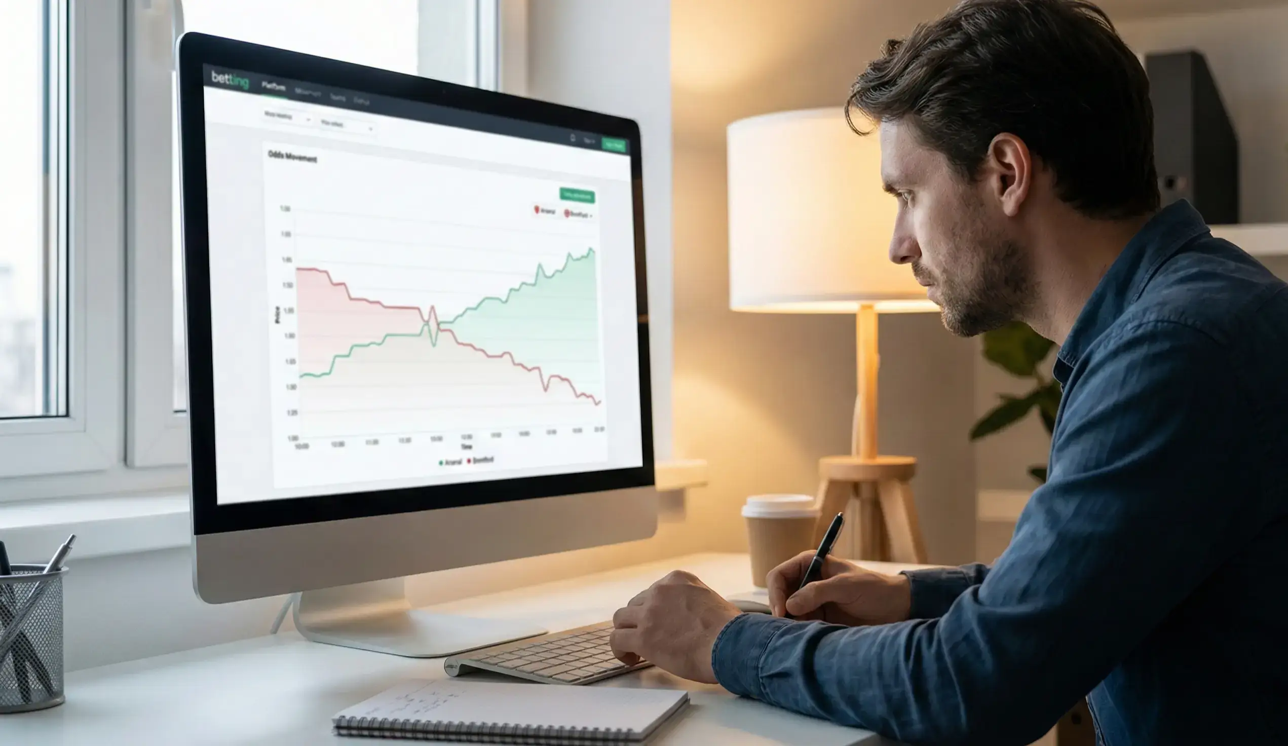 Bettor analyzing odds movements on a computer screen showing price changes over time