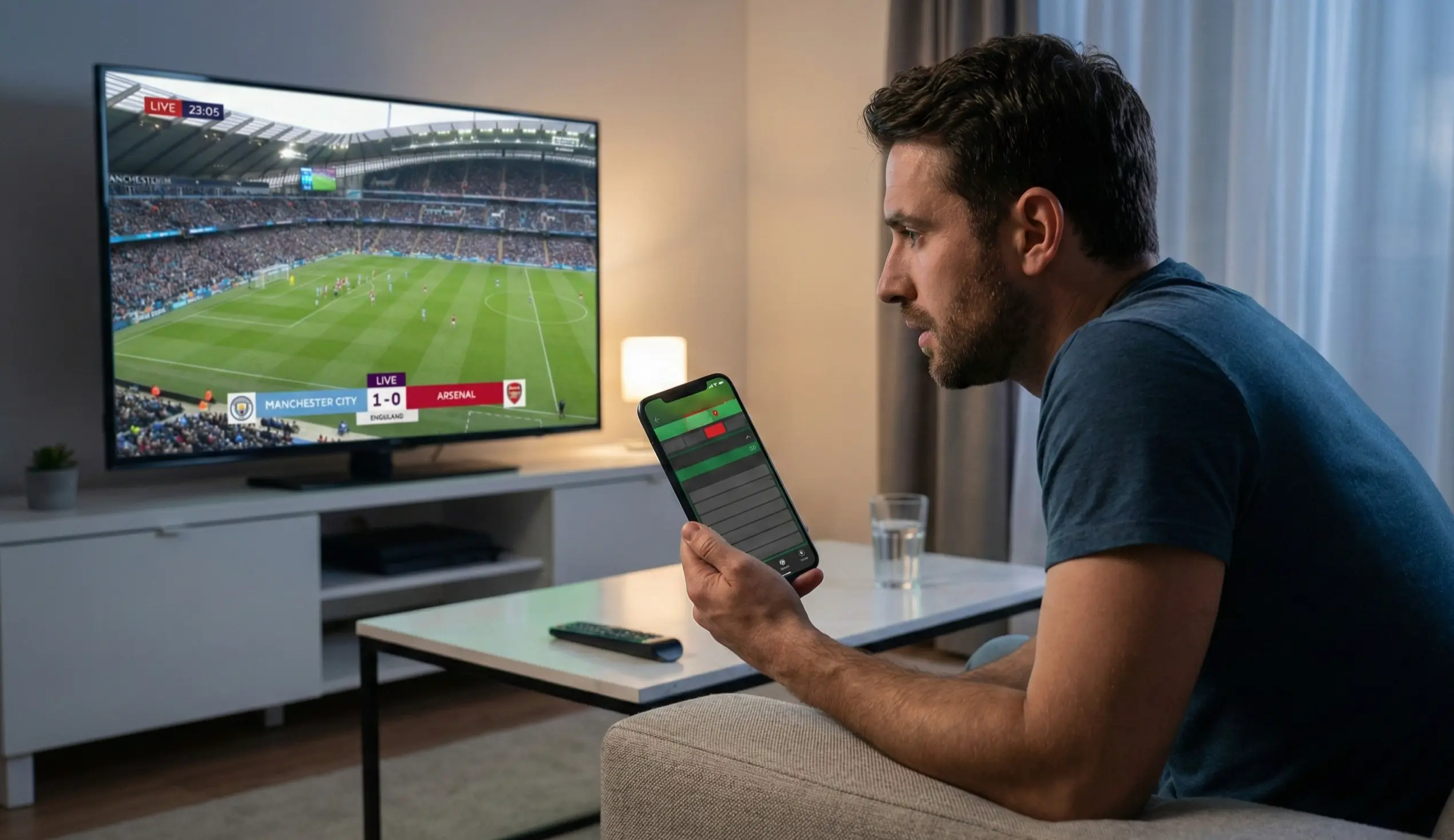 Sports bettor watching a football match on screen while checking live odds on mobile phone