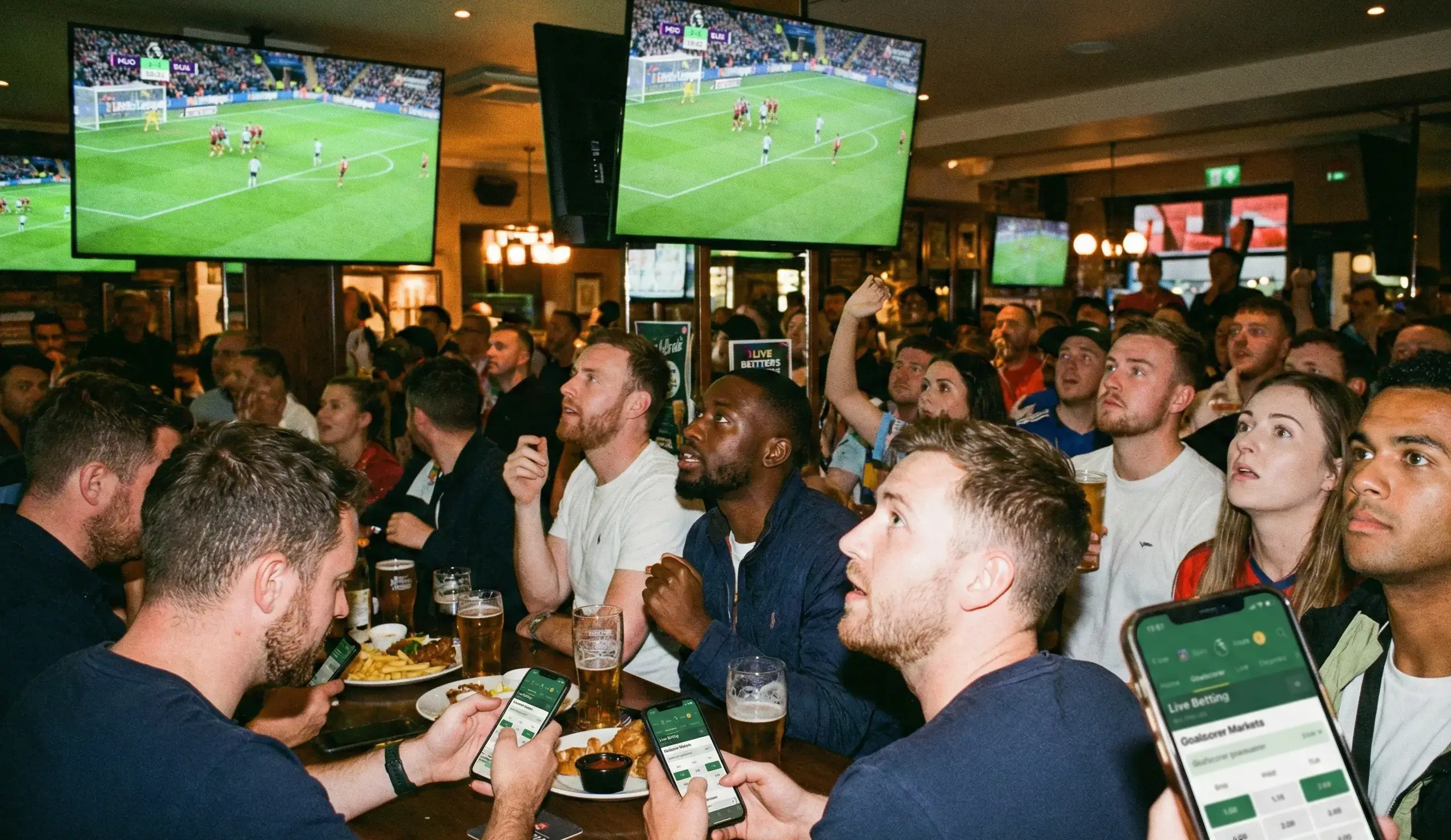 Football fans watching a match intently on screens in a sports bar
