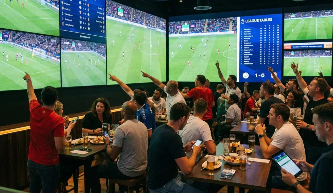 Sports fans watching multiple football matches simultaneously on screens in a viewing venue