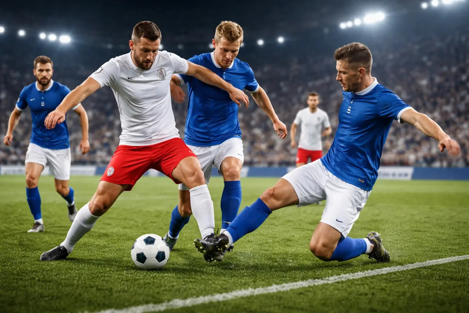 Football match in progress showing players competing for the ball in midfield